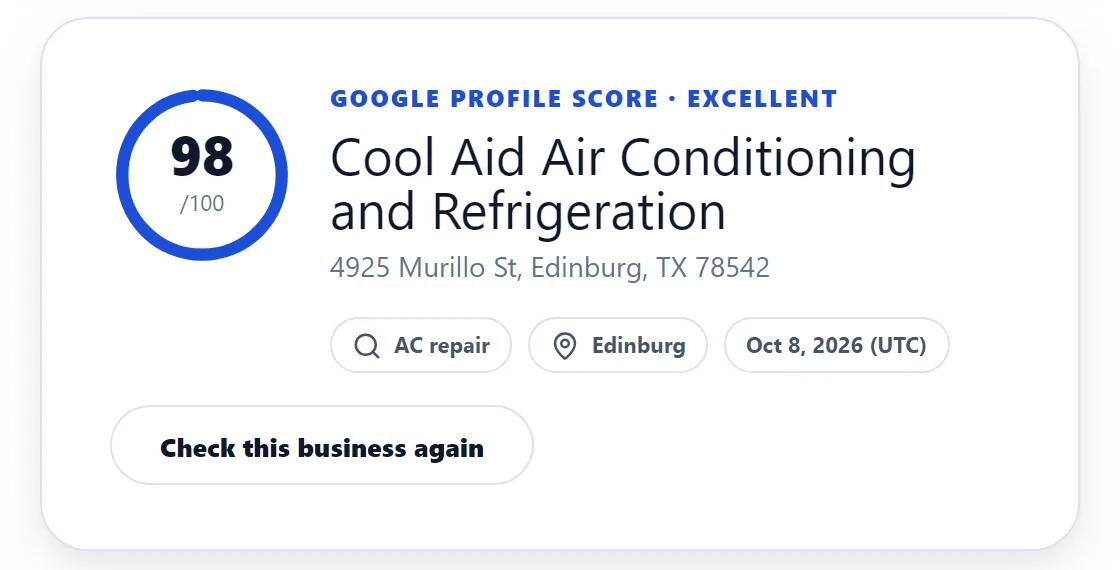 RankRGV Business Grader report for Cool Aid Air Conditioning in Edinburg: Google profile score 98 out of 100, excellent